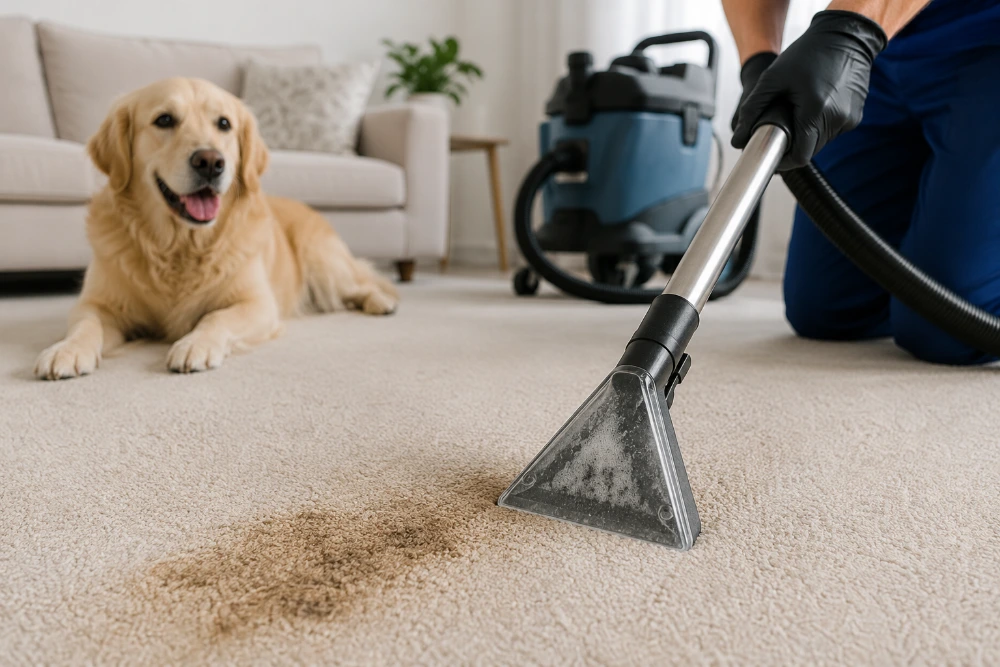 Pet odor removal Medford Oregon — dog watching carpet cleaning