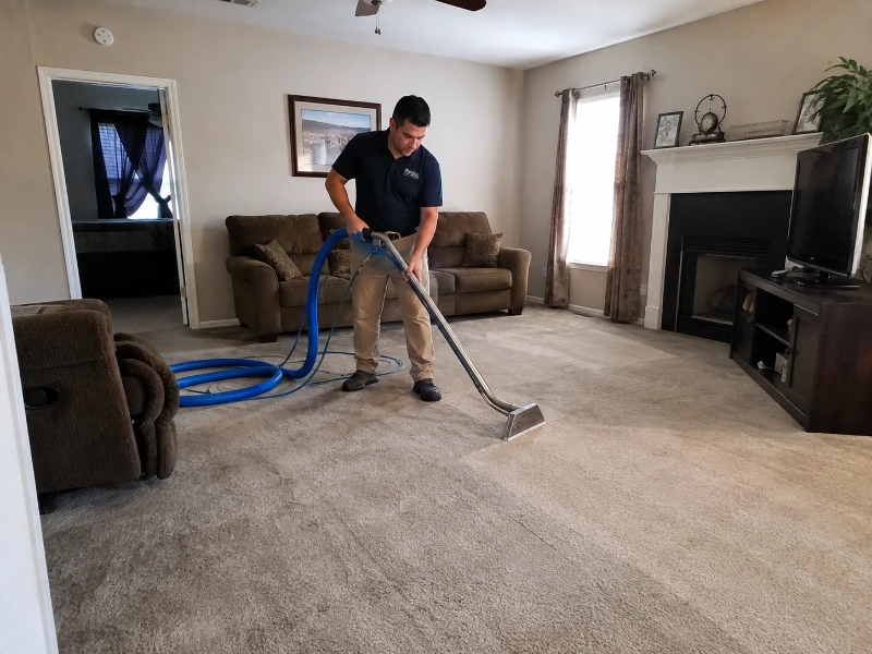 Professional carpet cleaning technician using truck-mounted extraction system in a Medford Oregon living room